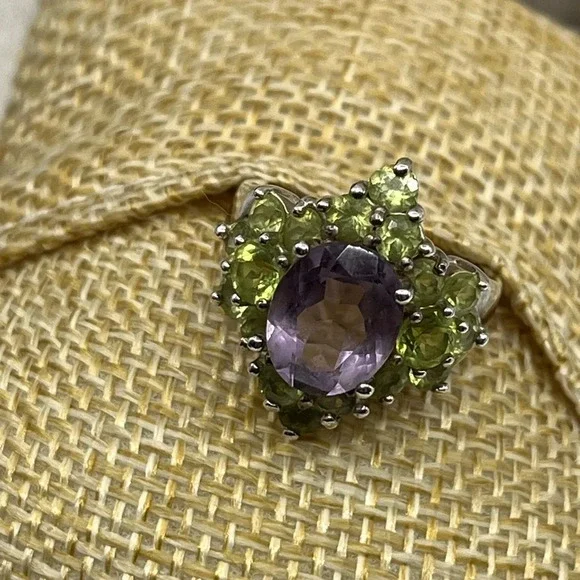 Vintage SETA Sterling Silver Amethyst & Peridot Cluster Ring Size 5 - Picture 7 of 16